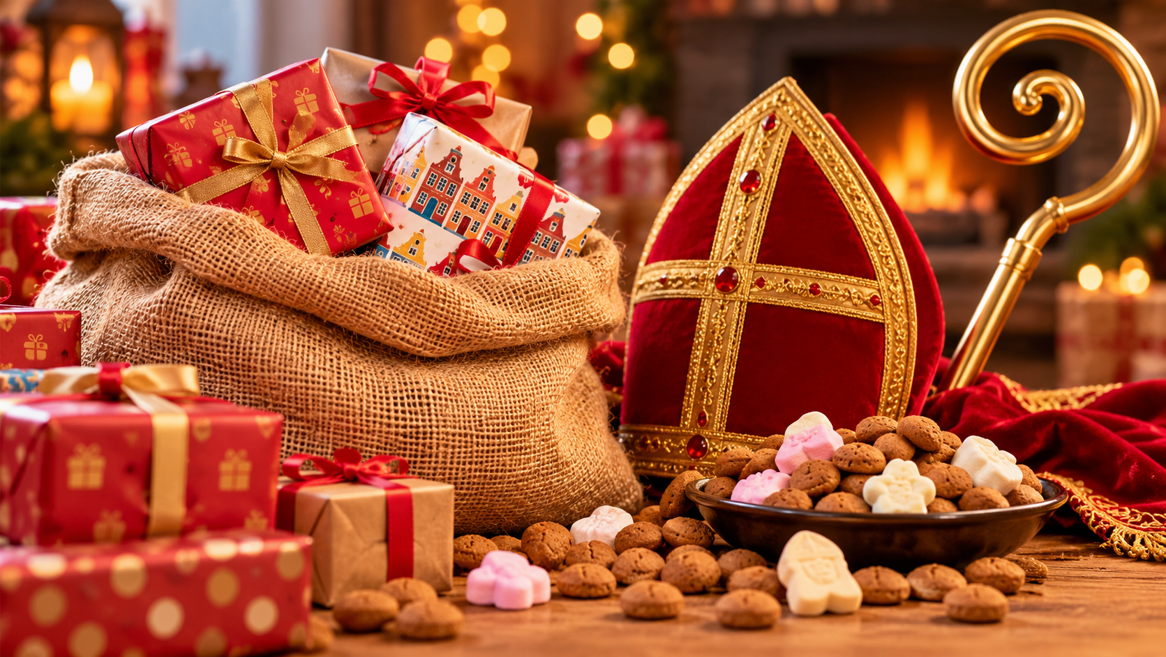 Gezellige Sinterklaasstilleven met cadeaus en lekkernijen