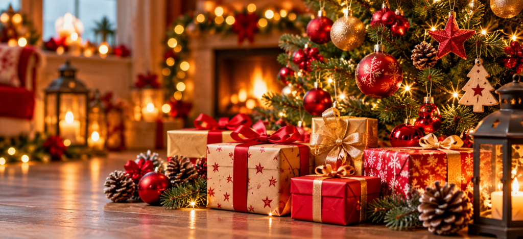 Gezellige kerstboom met cadeaus en vuurhaard